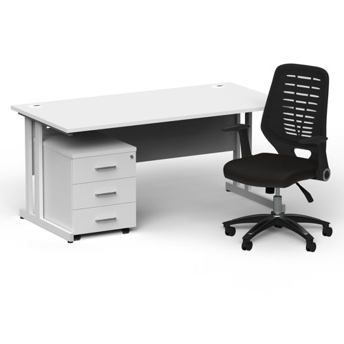 Impulse 1600/800 White Cant Desk White + 3 Dr Mobile Ped & Relay Black Back
