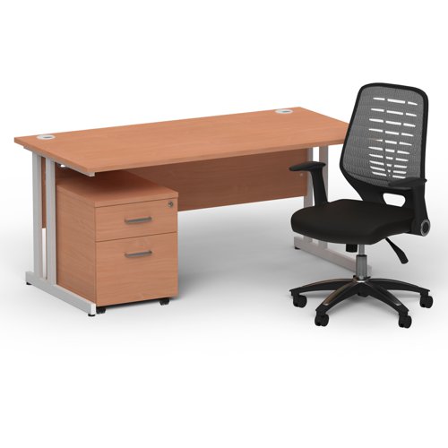 Impulse 1600mm Straight Office Desk Beech Top Silver Cantilever Leg with 2 Drawer Mobile Pedestal and Relay Silver Back