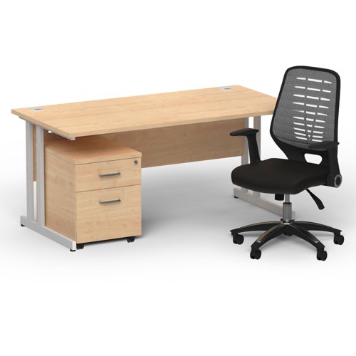 Impulse 1600mm Straight Office Desk Maple Top Silver Cantilever Leg with 2 Drawer Mobile Pedestal and Relay Silver Back
