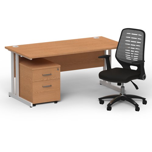 Impulse 1600mm Straight Office Desk Oak Top Silver Cantilever Leg with 2 Drawer Mobile Pedestal and Relay Silver Back