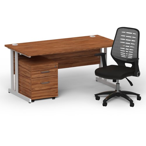 Impulse 1600mm Straight Office Desk Walnut Top Silver Cantilever Leg with 2 Drawer Mobile Pedestal and Relay Silver Back
