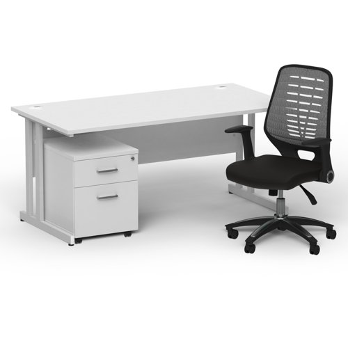 Impulse 1600mm Straight Office Desk White Top Silver Cantilever Leg with 2 Drawer Mobile Pedestal and Relay Silver Back