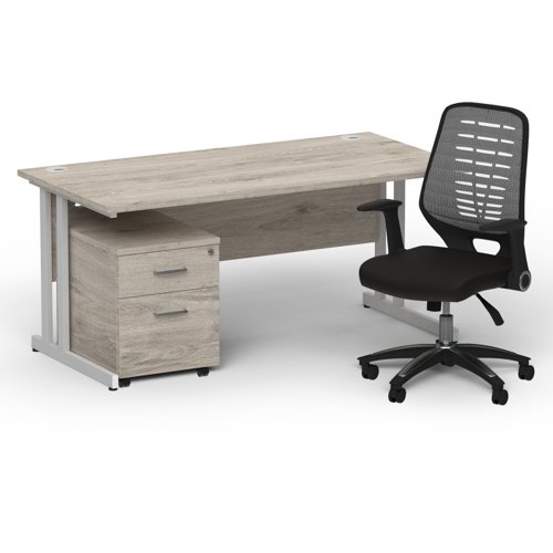 Impulse 1600mm Straight Office Desk Grey Oak Top Silver Cantilever Leg with 2 Drawer Mobile Pedestal and Relay Silver Back