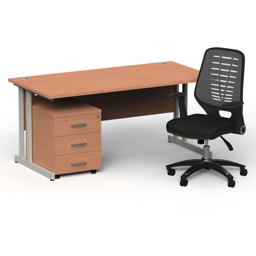 Impulse 1600mm Straight Office Desk Beech Top Silver Cantilever Leg with 3 Drawer Mobile Pedestal and Relay Silver Back