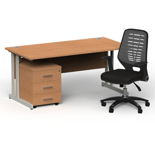 Impulse 1600mm Straight Office Desk Oak Top Silver Cantilever Leg with 3 Drawer Mobile Pedestal and Relay Silver Back