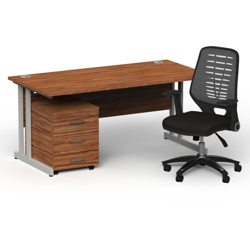 Impulse 1600mm Straight Office Desk Walnut Top Silver Cantilever Leg with 3 Drawer Mobile Pedestal and Relay Silver Back
