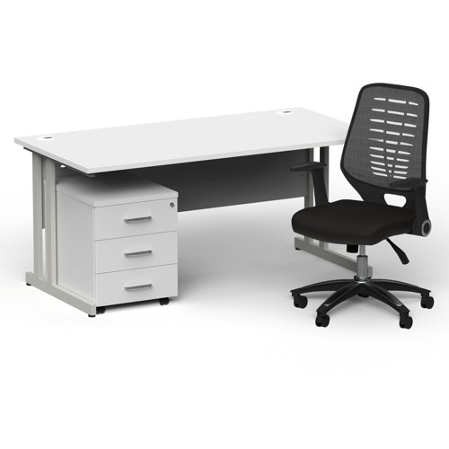 Impulse 1600mm Straight Office Desk White Top Silver Cantilever Leg with 3 Drawer Mobile Pedestal and Relay Silver Back