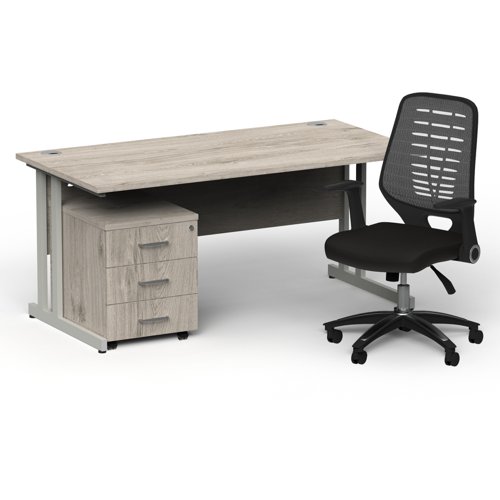 Impulse 1600mm Straight Office Desk Grey Oak Top Silver Cantilever Leg with 3 Drawer Mobile Pedestal and Relay Silver Back