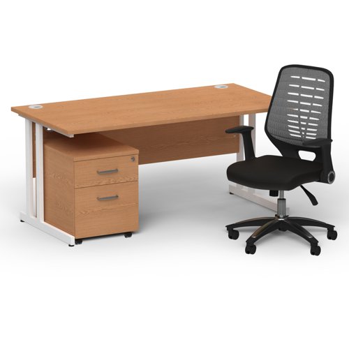 Impulse 1600 x 800 White Cant Office Desk Oak + 2 Dr Mobile Ped & Relay Silver Back