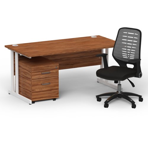 Impulse 1600mm Straight Office Desk Walnut Top White Cantilever Leg with 2 Drawer Mobile Pedestal and Relay Silver Back