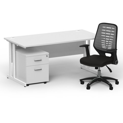 Impulse 1600mm Straight Office Desk White Top White Cantilever Leg with 2 Drawer Mobile Pedestal and Relay Silver Back