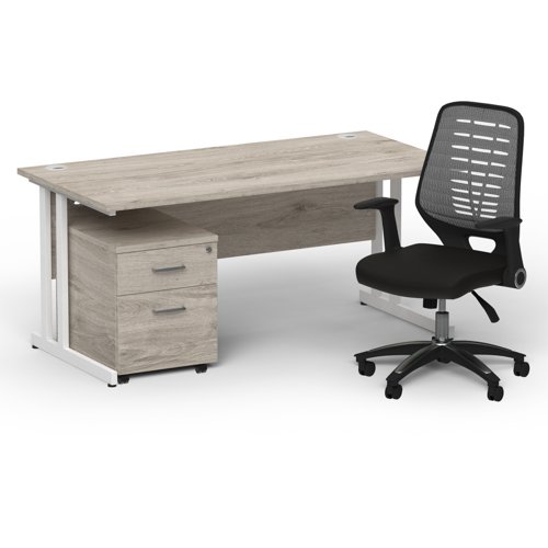 Impulse 1600 x 800 White Cant Office Desk Grey Oak + 2 Dr Mobile Ped & Relay Silver Back