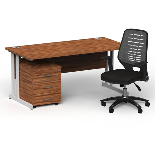 Impulse 1600mm Straight Office Desk Walnut Top White Cantilever Leg with 3 Drawer Mobile Pedestal and Relay Silver Back