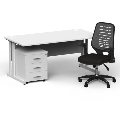 Impulse 1600mm Straight Office Desk White Top White Cantilever Leg with 3 Drawer Mobile Pedestal and Relay Silver Back