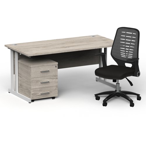 Impulse 1600mm Straight Office Desk Grey Oak Top White Cantilever Leg with 3 Drawer Mobile Pedestal and Relay Silver Back