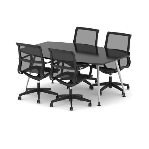 High Gloss 1800mm Writable Boardroom Table Black Top with Set of Four Lula Mesh Chairs