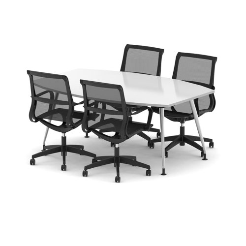 High Gloss 1800mm Writable Boardroom Table White Top with Set of Four Lula Mesh Chairs