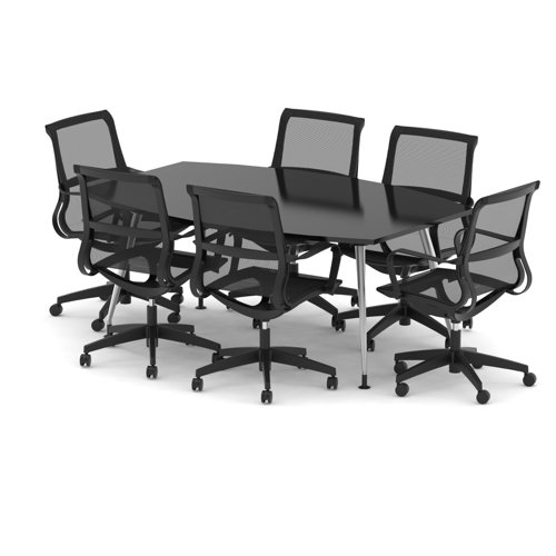 High Gloss 1800mm Writable Boardroom Table Black Top with Set of Six Lula Mesh Chairs
