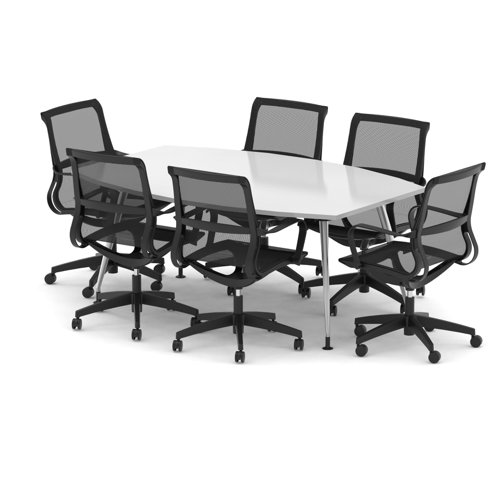 High Gloss 1800mm Writable Boardroom Table White Top with Set of Six Lula Mesh Chairs