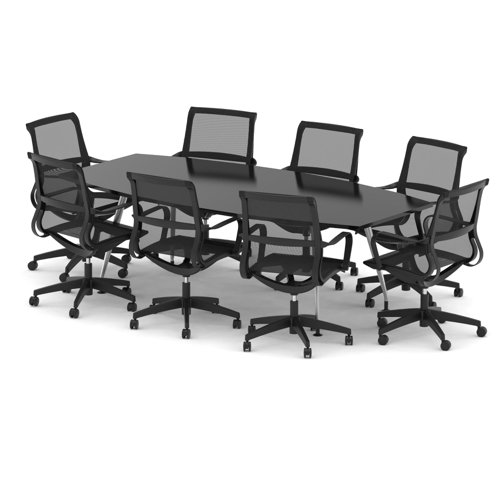 High Gloss 2400mm Writable Boardroom Table Black Top with Set of Eight Lula Mesh Chairs