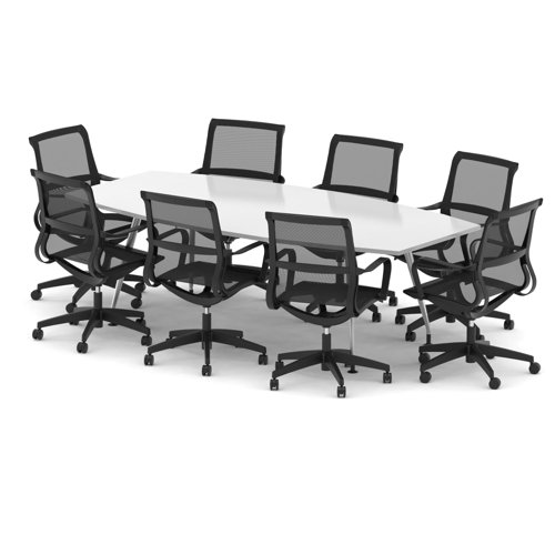 High Gloss 2400mm Writable Boardroom Table White Top with Set of Eight Lula Mesh Chairs