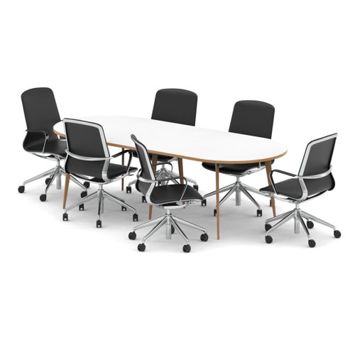 Oslo 2400mm Oval Boardroom Table White Top Natural Wood Edge White Frame with Set of Six Lucia Executive Chairs