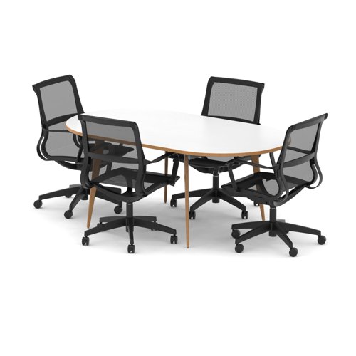 Oslo 1800mm Oval Boardroom Table White Top Natural Wood Edge White Frame with Set of Four Lula Mesh Chairs