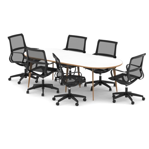 Oslo 2400mm Oval Boardroom Table White Top Natural Wood Edge White Frame with Set of Six Lula Mesh Chairs