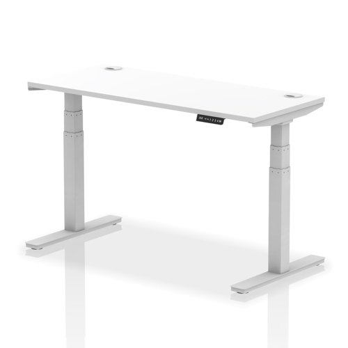 Air 1400 x 600mm Height Adjustable Desk White Top Cable Ports Silver Leg