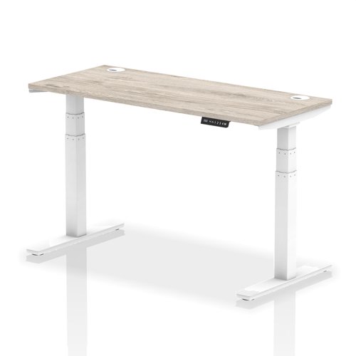Air 1400 x 600mm Height Adjustable Office Desk Grey Oak Top Cable Ports White Leg