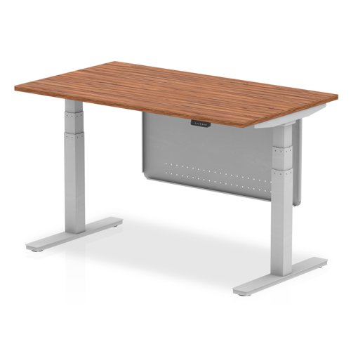 Air Modesty 1400 x 800mm Height Adjustable Office Desk Walnut Top Silver Leg With Silver Steel Modesty Panel