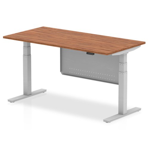 Air Modesty 1600 x 800mm Height Adjustable Office Desk Walnut Top Silver Leg With Silver Steel Modesty Panel