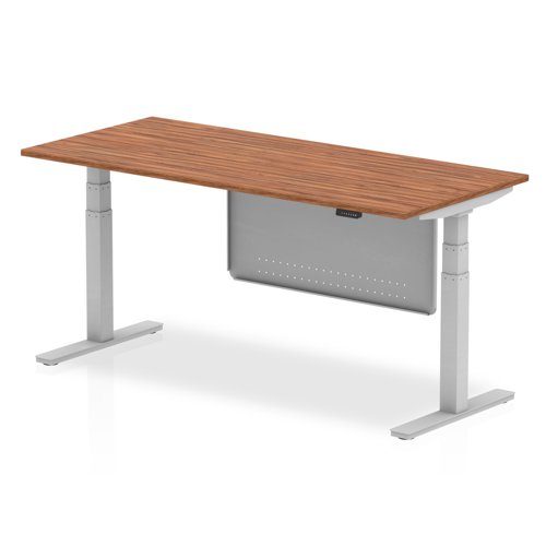 Air 1800 x 800mm Height Adjustable Desk Walnut Top Silver Leg With Silver Steel Modesty Panel