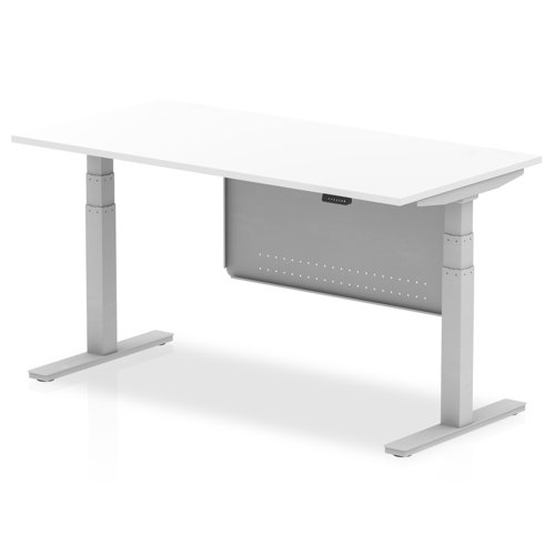 Air Modesty 1600 x 800mm Height Adjustable Office Desk White Top Silver Leg With Silver Steel Modesty Panel