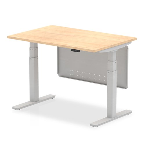 Air 1200 x 800mm Height Adjustable Desk Maple Top Silver Leg With Silver Steel Modesty Panel