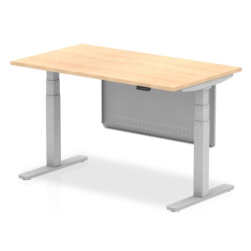 Air Modesty 1400 x 800mm Height Adjustable Office Desk Maple Top Silver Leg With Silver Steel Modesty Panel
