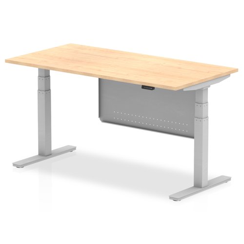 Air Modesty 1600 x 800mm Height Adjustable Office Desk Maple Top Silver Leg With Silver Steel Modesty Panel