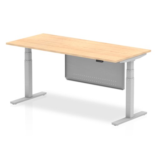 Air Modesty 1800 x 800mm Height Adjustable Office Desk Maple Top Silver Leg With Silver Steel Modesty Panel