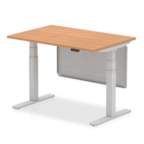 Air 1200 x 800mm Height Adjustable Desk Oak Top Silver Leg With Silver Steel Modesty Panel
