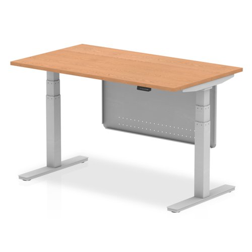 Air Modesty 1400 x 800mm Height Adjustable Office Desk Oak Top Silver Leg With Silver Steel Modesty Panel
