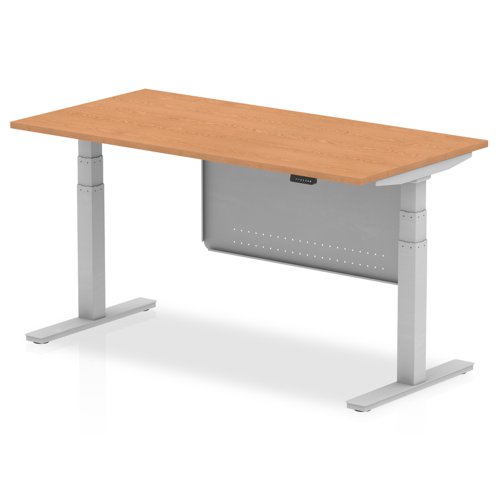 Air Modesty 1600 x 800mm Height Adjustable Office Desk Oak Top Silver Leg With Silver Steel Modesty Panel