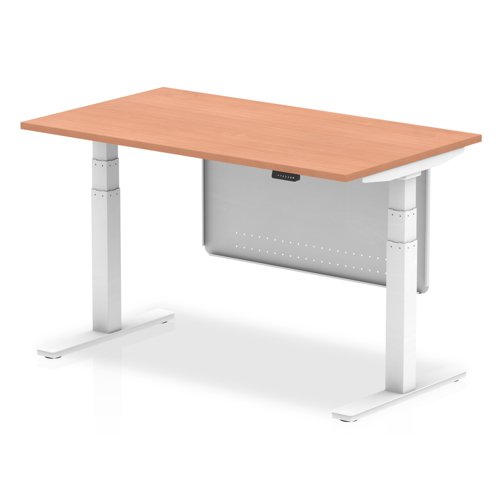 Air Modesty 1400 x 800mm Height Adjustable Office Desk Beech Top White Leg With White Steel Modesty Panel