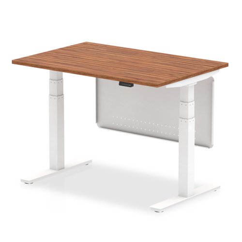 Air 1200 x 800mm Height Adjustable Desk Walnut Top White Leg With White Steel Modesty Panel