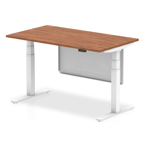 Air Modesty 1400 x 800mm Height Adjustable Office Desk Walnut Top White Leg With White Steel Modesty Panel