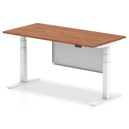 Air Modesty 1600 x 800mm Height Adjustable Office Desk Walnut Top White Leg With White Steel Modesty Panel