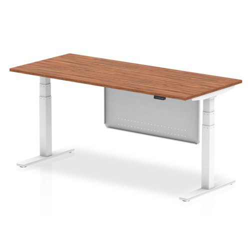 Air Modesty 1800 x 800mm Height Adjustable Office Desk Walnut Top White Leg With White Steel Modesty Panel