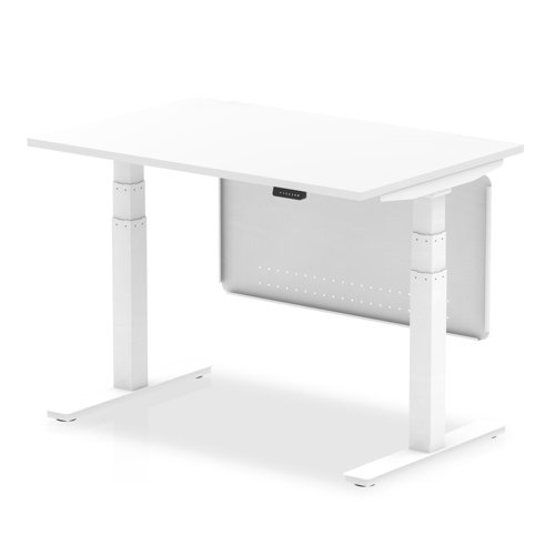 Air 1200 x 800mm Height Adjustable Desk White Top White Leg With White Steel Modesty Panel