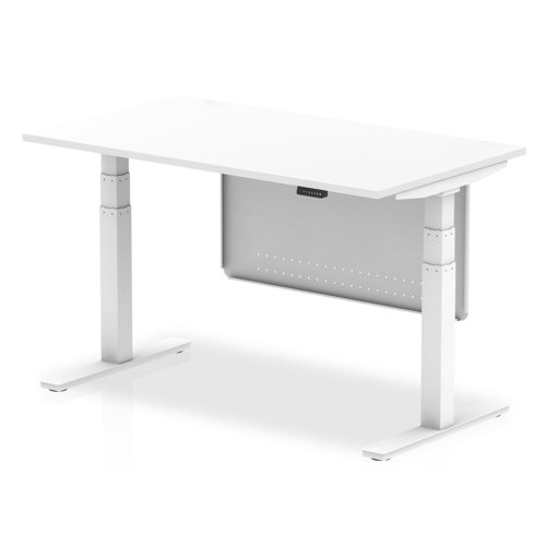Air Modesty 1400 x 800mm Height Adjustable Office Desk White Top White Leg With White Steel Modesty Panel