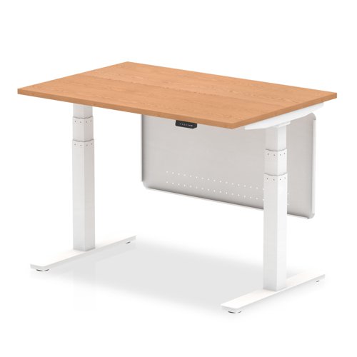 Air 1200 x 800mm Height Adjustable Desk Oak Top White Leg With White Steel Modesty Panel