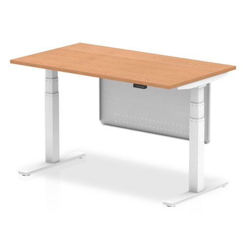 Air Modesty 1400 x 800mm Height Adjustable Office Desk Oak Top White Leg With White Steel Modesty Panel